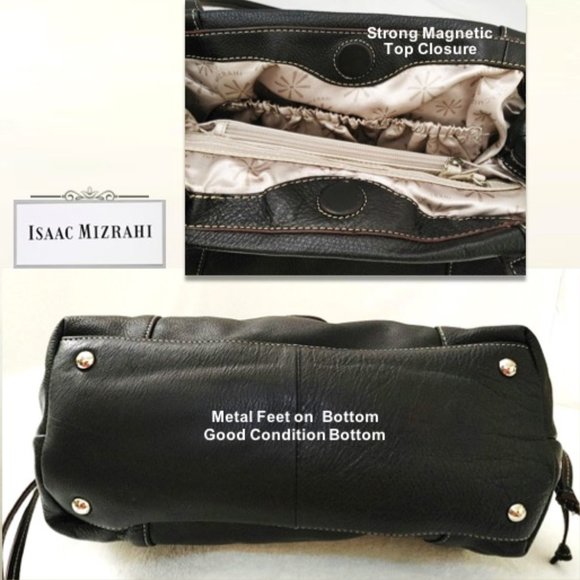 Isaac Mizrahi Black Leather Shoulder Bag Handbag Tote Satchel Magnet Drawstrings - Picture 8 of 13